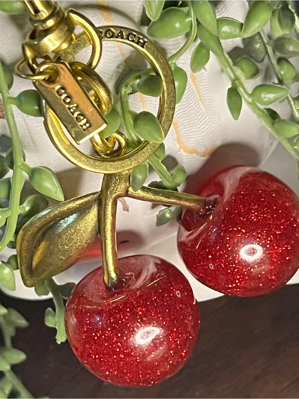 Coach Gold-Tone Cherry Key Charm with Red Glitter Cherries